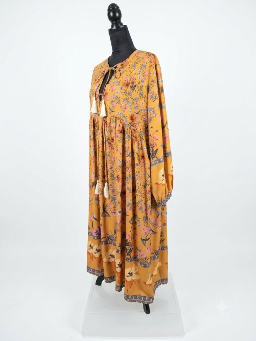R.Vivimos Mustard Yellow Boho Floral Tassel Maxi Dress Peasant 2XL 70s Vibe NWT - Picture 4 of 13